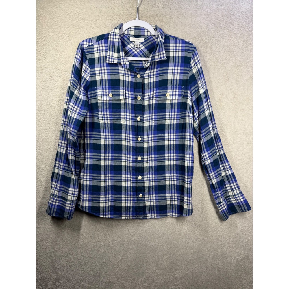 J.Crew Plaid Button Down Shirt Womens 12 Blue White Herringbone 02798